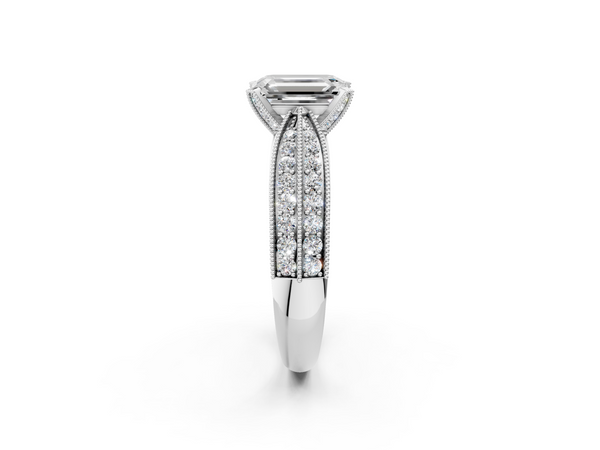 White gold Emerald Solitaire Diamond Ring with Milgrain Pavé Band and Four-Prong Setting