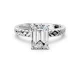 White gold Emerald Solitaire Diamond Ring with Milgrain and Black Enamel X Pattern Band_134