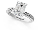 White gold Emerald Solitaire Diamond Ring with Milgrain and Black Enamel X Pattern Band_135