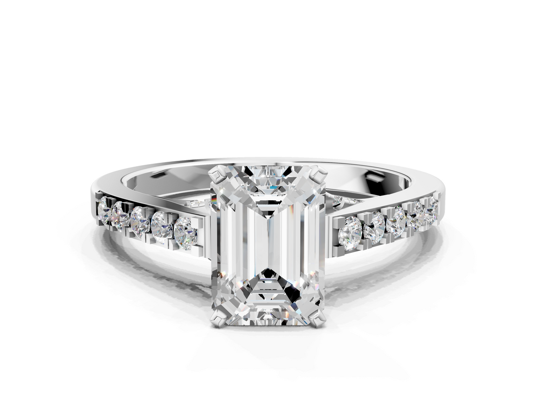 White gold Emerald Solitaire Diamond Ring with Pavé Band and Four-Prong Setting_158