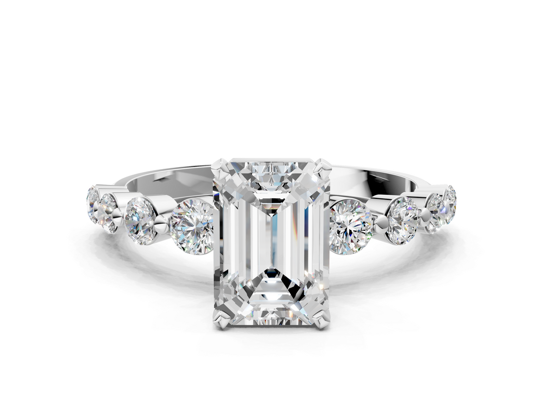 White gold Emerald Solitaire Diamond Ring with Pave Band and Four-Prong Setting_293