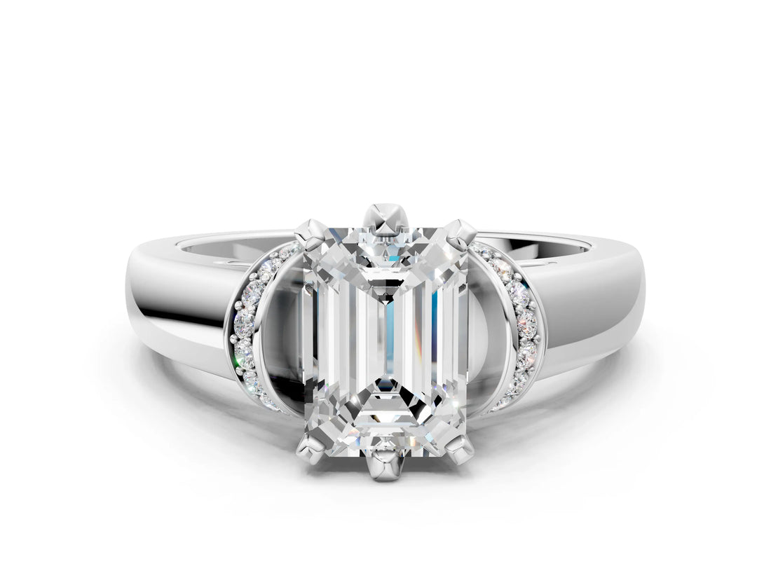 White gold Emerald Solitaire Diamond Ring with Pave Band and Six-Prong Setting_50