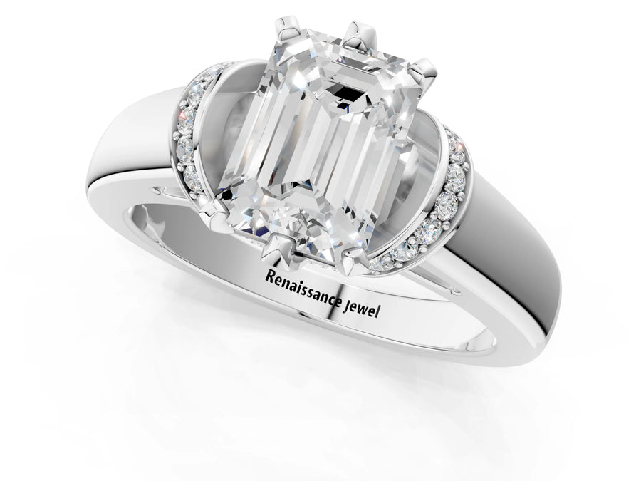 White gold Emerald Solitaire Diamond Ring with Pave Band and Six-Prong Setting