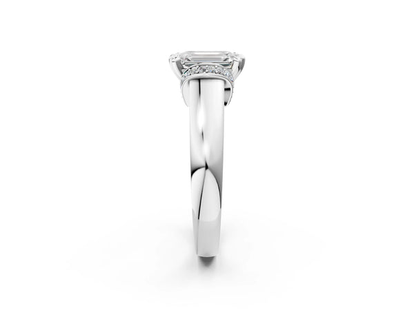 White gold Emerald Solitaire Diamond Ring with Pave Band and Six-Prong Setting