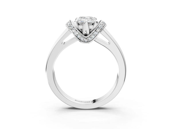 White gold Emerald Solitaire Diamond Ring with Pave Band and Six-Prong Setting