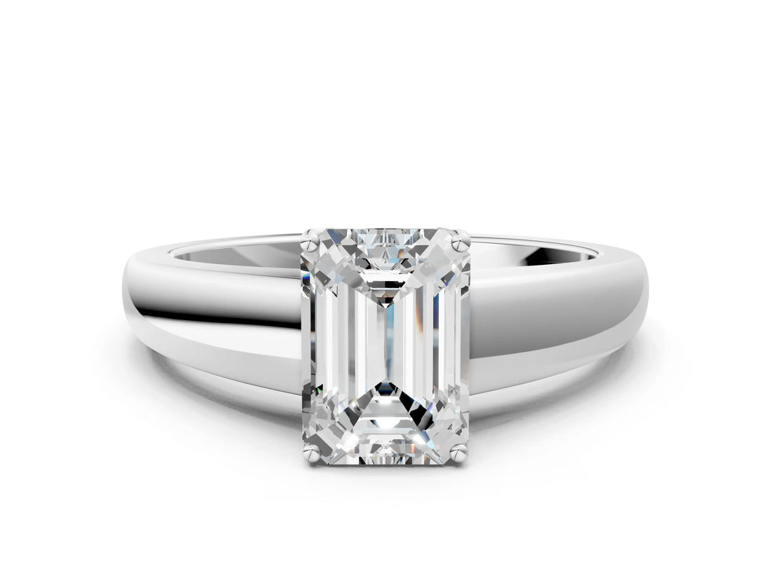 White gold Emerald Solitaire Diamond Ring with Tapered Band and Four-Prong Setting_49