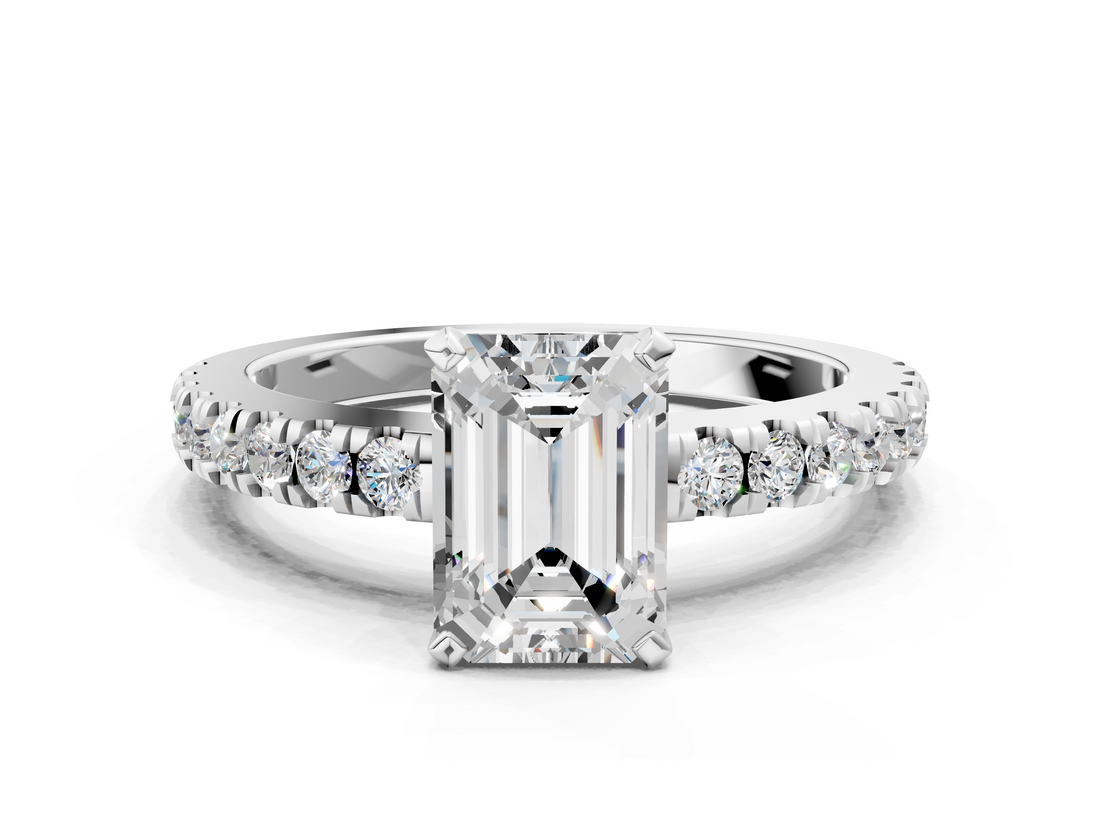White gold Emerald Solitaire Diamond with Pavé Band and Four-Prong Setting_69
