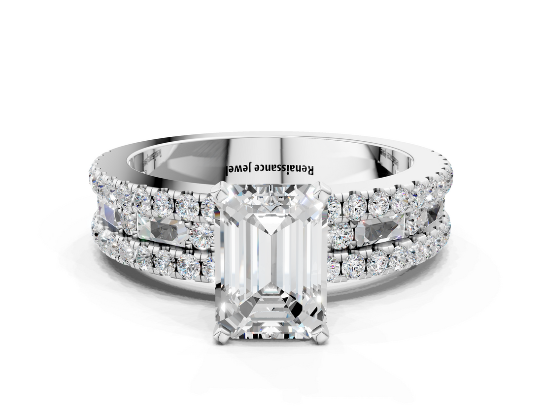 White gold Emerald Solitaire Diamond with Pave and Channel Set Band_127
