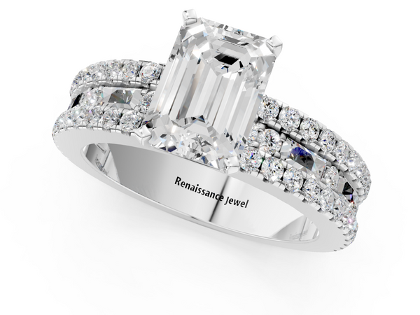 Sterling Silver Emerald Cut Baguette Side Stone Engagement Ring Setting with Pave and Channel Band