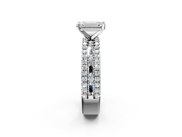 Sterling Silver Emerald Cut Baguette Side Stone Engagement Ring Setting with Pave and Channel Band