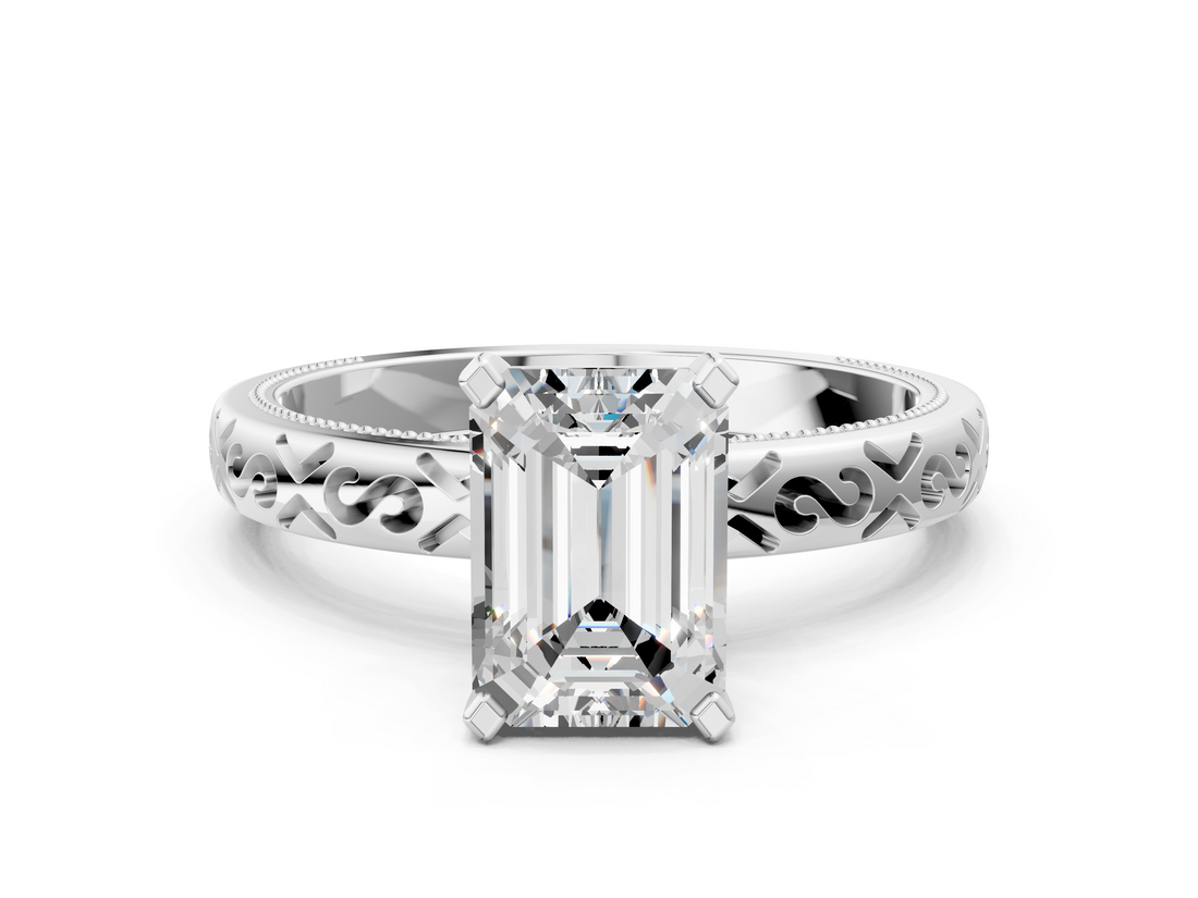 White gold Emerald Solitaire Engagement Ring with Scrollwork Band and Four-Prong Setting_167