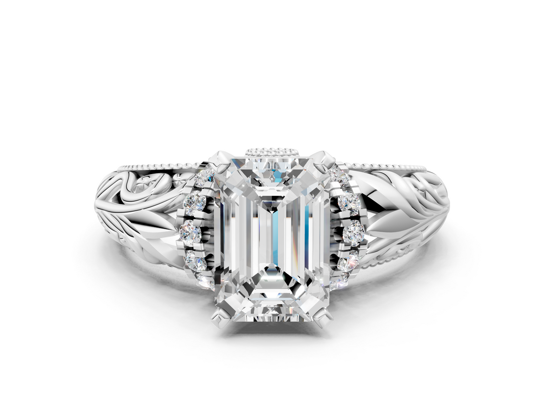 White gold Emerald Solitaire Filigree Engagement Ring with Halo and Prong Setting_104
