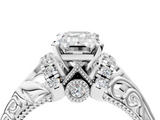 White gold Emerald Solitaire Filigree Engagement Ring with Halo and Prong Setting_108