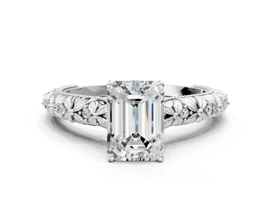 White gold Emerald Solitaire Floral Milgrain Engagement Ring_52