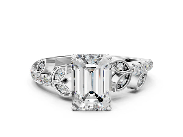 Platinum Emerald Cut Leaf Solitaire Engagement Ring Setting with Pave Band