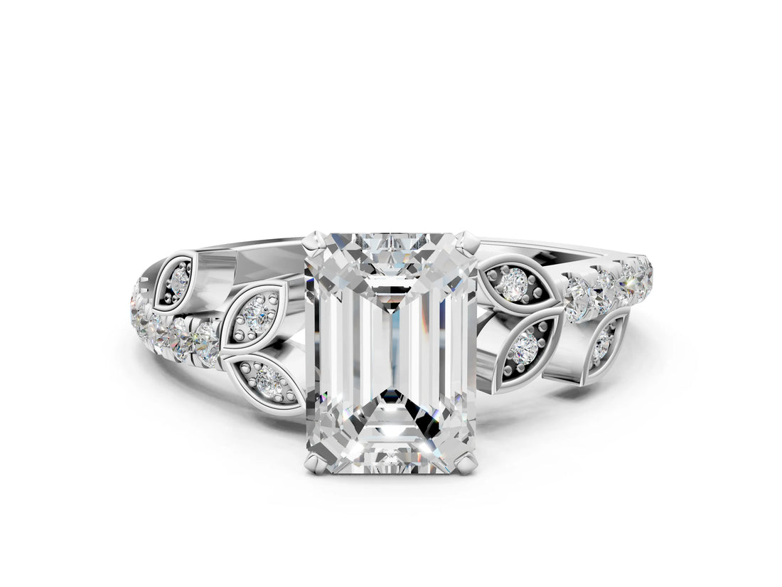 White gold Emerald Solitaire Leaf-Inspired Diamond Ring with Pavé Band and Four-Prong Setting_4