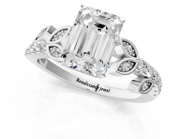 White Gold Emerald Cut Leaf Solitaire Engagement Ring Setting with Pave Band