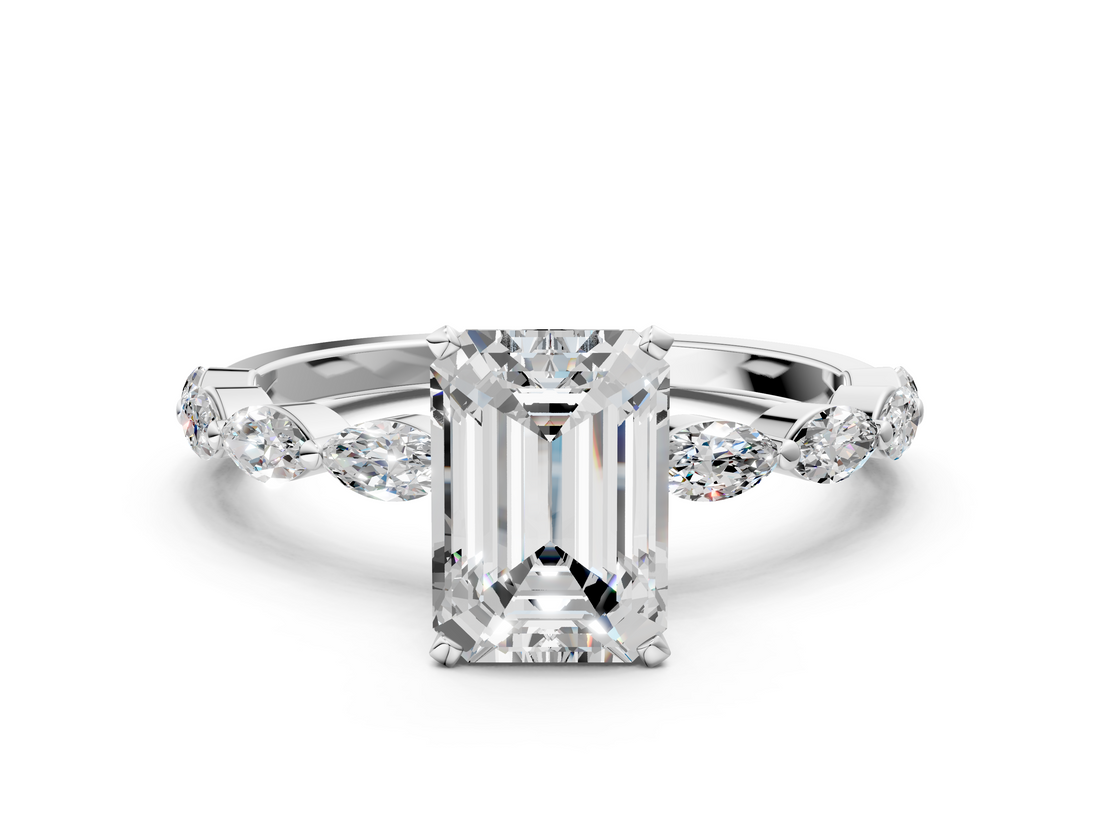 White gold Emerald Solitaire Marquise Side Stone Prong Setting Ring_86