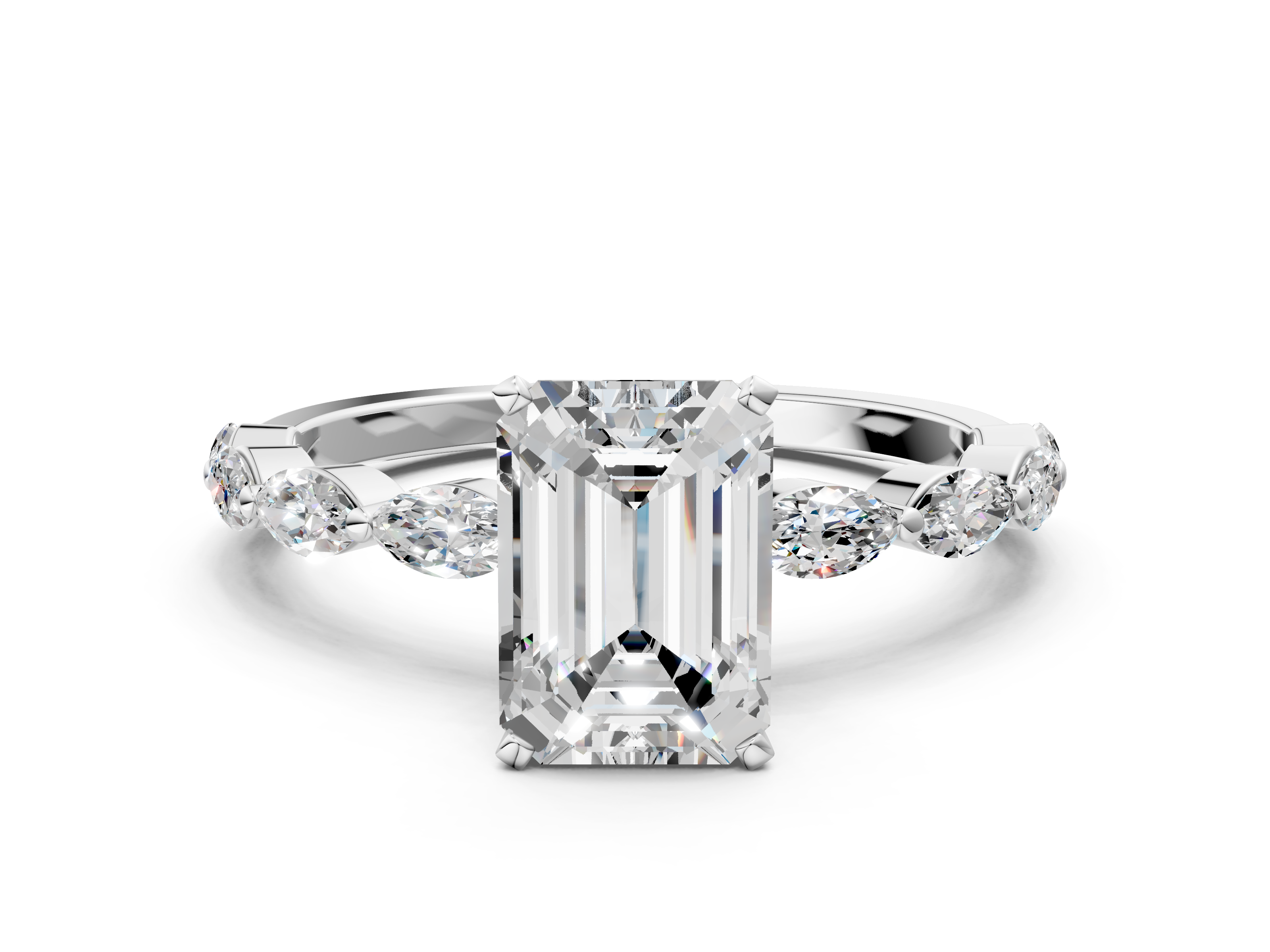 White gold Emerald Solitaire Marquise Side Stone Prong Setting Ring_86