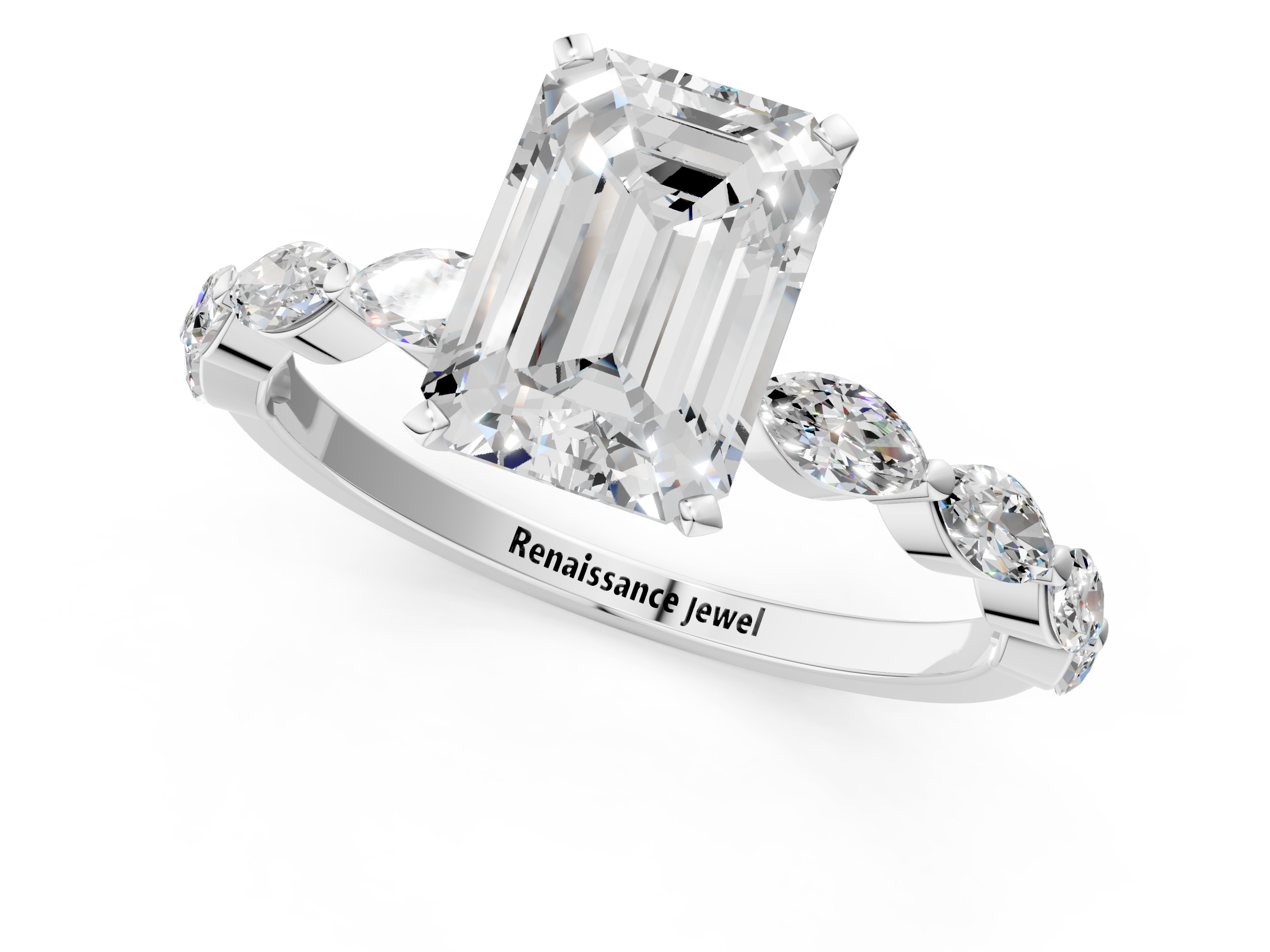 White gold Emerald Solitaire Marquise Side Stone Prong Setting Ring_87