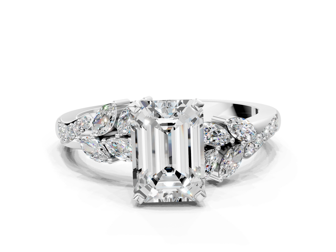 White gold Emerald Solitaire Marquise Twist Band with Six-Prong Setting_130