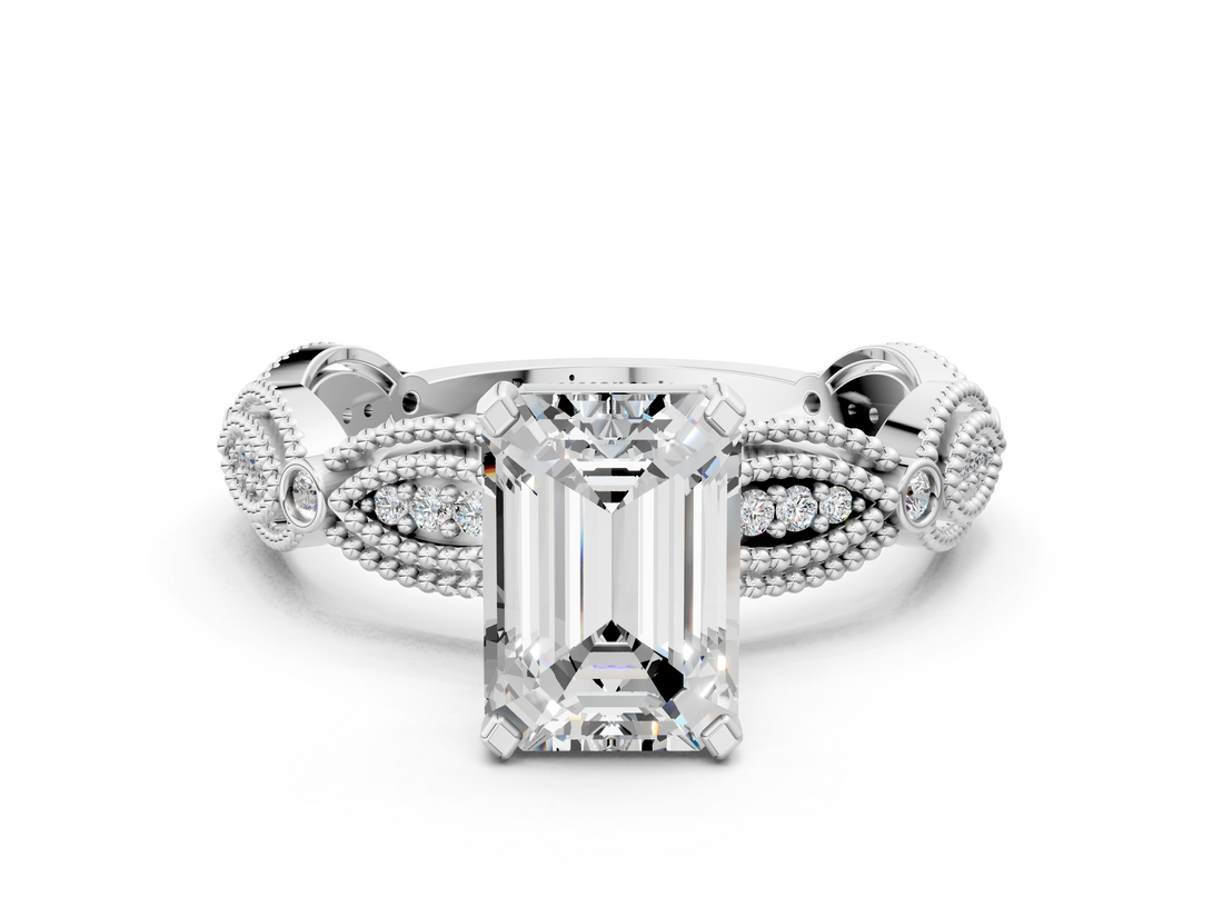 White gold Emerald Solitaire Milgrain Diamond Engagement Ring with Bezel and Marquise Band_102