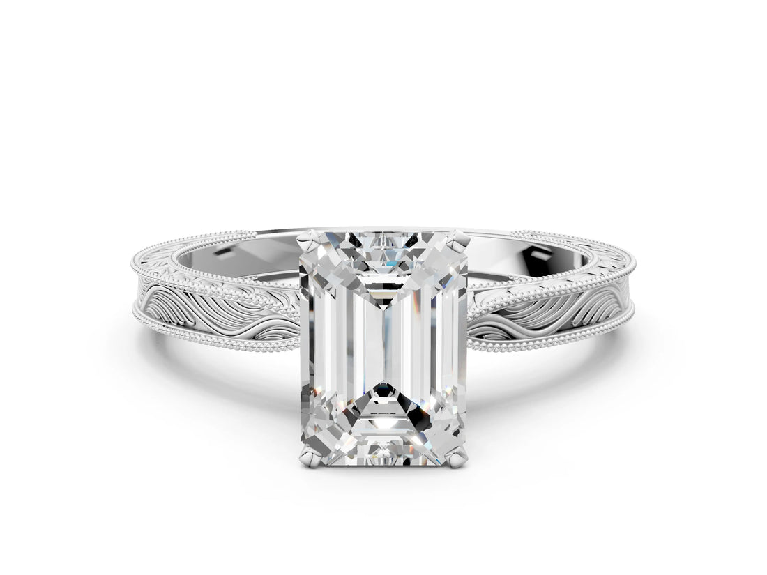 White gold Emerald Solitaire Milgrain Engraved Band with Four-Prong Setting_4