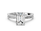 White gold Emerald Solitaire Milgrain Engraved Band with Four-Prong Setting_4