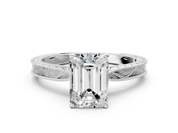 Silver 0.91 Carat F VS1 Emerald Solitaire Milgrain Engraved Band with Four-Prong Setting