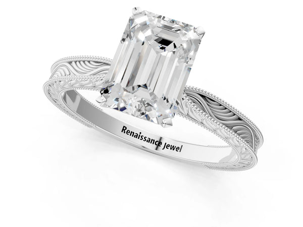 Silver 0.91 Carat F VS1 Emerald Solitaire Milgrain Engraved Band with Four-Prong Setting
