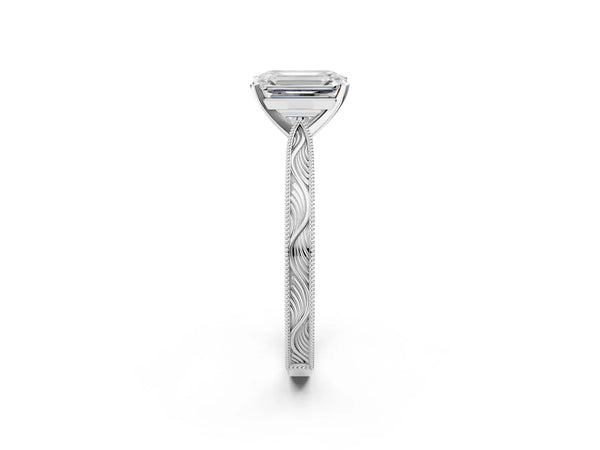 Silver 0.91 Carat F VS1 Emerald Solitaire Milgrain Engraved Band with Four-Prong Setting