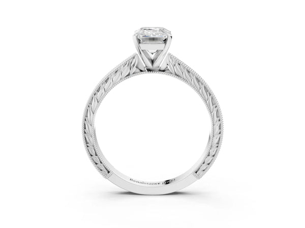 Silver 0.91 Carat F VS1 Emerald Solitaire Milgrain Engraved Band with Four-Prong Setting