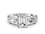 White gold Emerald Solitaire Milgrain Leaf Band with Prong Setting_3