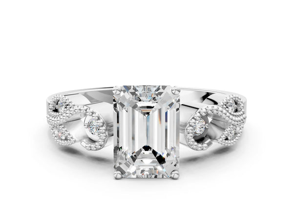 Platinum Emerald Cut Vintage Solitaire Engagement Ring Setting with Milgrain Leaf Shoulders