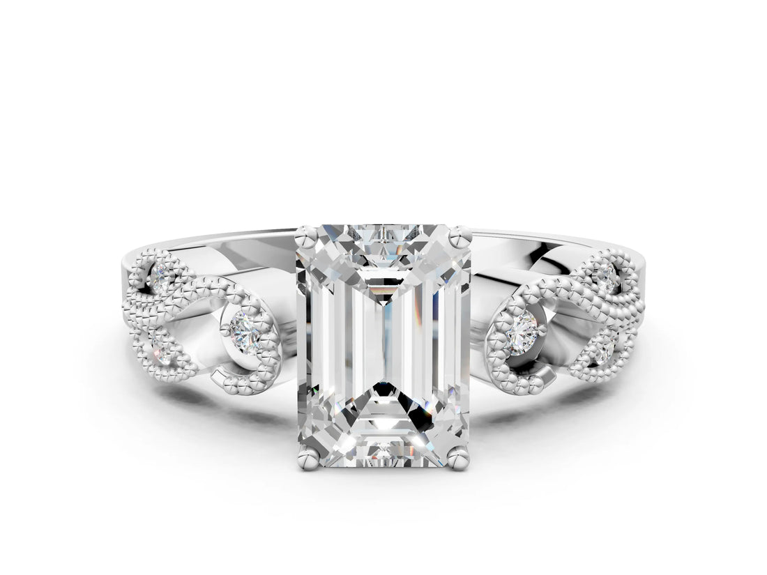 White gold Emerald Solitaire Milgrain Leaf Band with Prong Setting_3