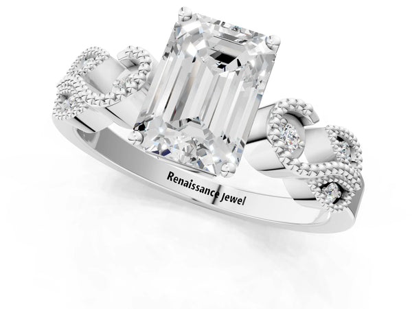 Platinum Emerald Cut Vintage Solitaire Engagement Ring Setting with Milgrain Leaf Shoulders