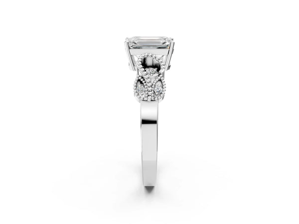 Platinum Emerald Cut Vintage Solitaire Engagement Ring Setting with Milgrain Leaf Shoulders