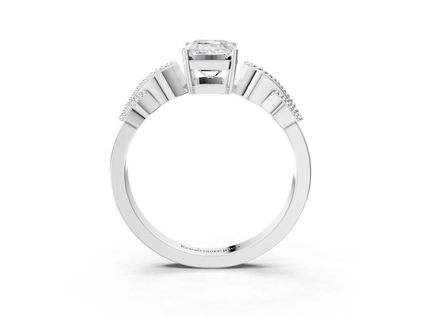 Platinum Emerald Cut Vintage Solitaire Engagement Ring Setting with Milgrain Leaf Shoulders
