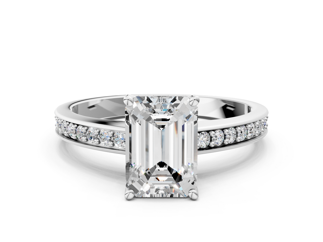 White gold Emerald Solitaire Pavé Band Prong Setting Ring_19