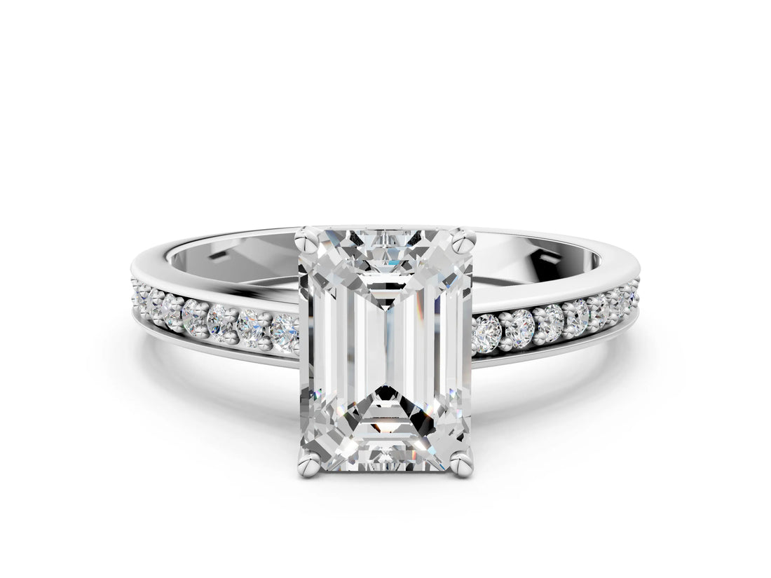 White gold Emerald Solitaire Pavé Band Prong Setting Ring_47