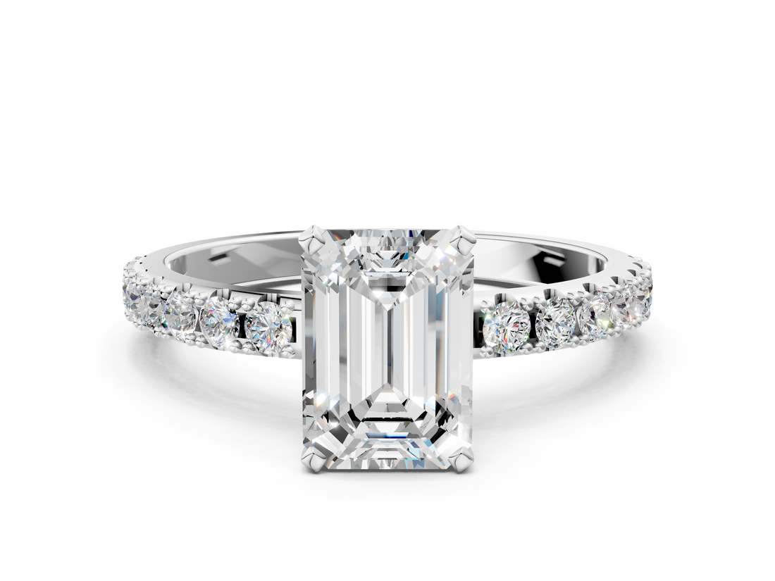 White gold Emerald Solitaire Pavé Band with Four-Prong Setting_166