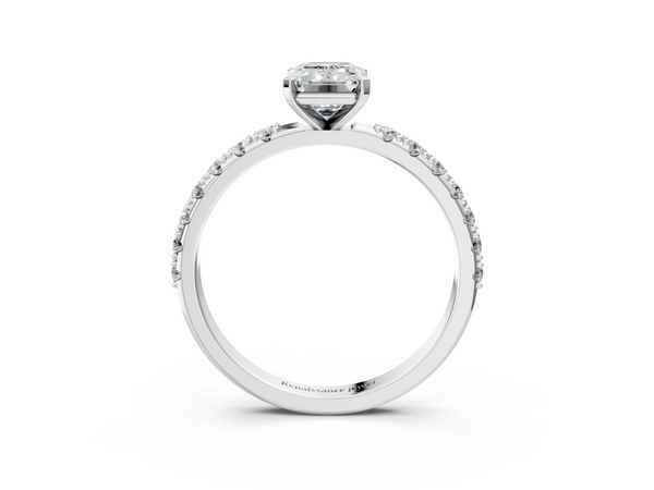 Sterling Silver Emerald Cut Solitaire Engagement Ring Setting with Large-Stone Scalloped Pave Band