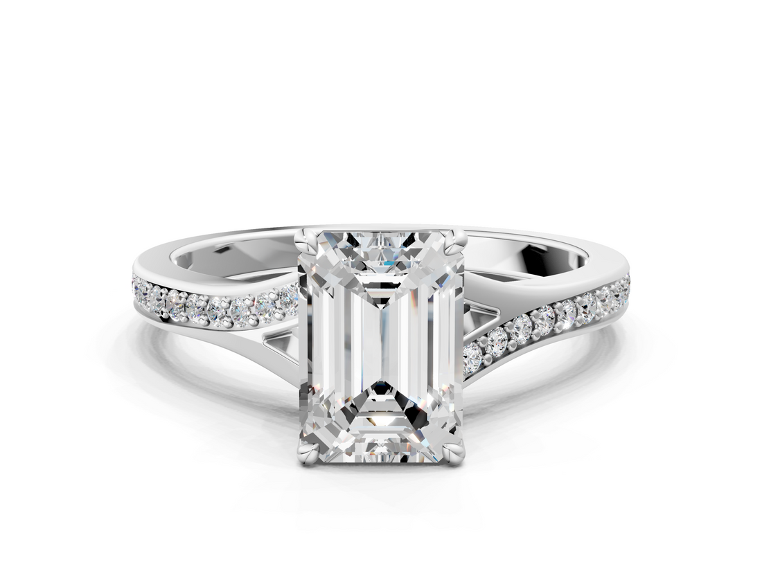 White gold Emerald Solitaire Pavé Band with Four-Prong Setting_64
