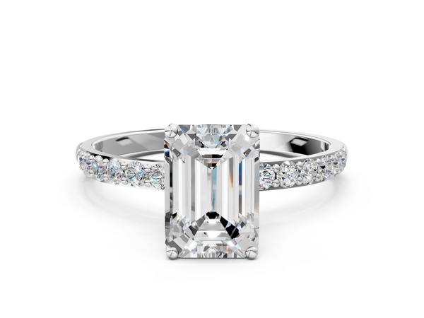 Silver 0.52 Carat D VVS2 Emerald Diamond Solitaire Engagement Ring with Round Pavé Band and Prong Setting