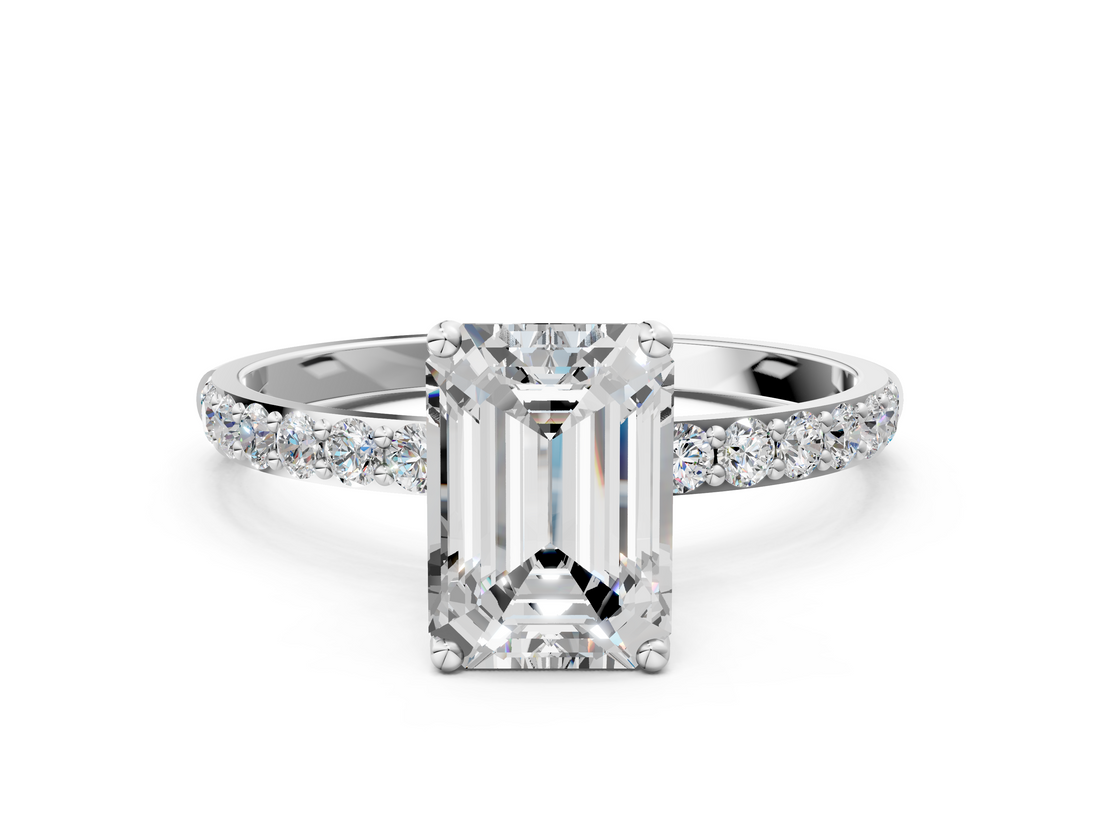 10K White Gold 0.91 Carat F VVS2 Emerald Diamond Solitaire Engagement Ring with Round Pavé Band and Prong Setting