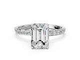 10K White Gold 0.91 Carat F VVS2 Emerald Diamond Solitaire Engagement Ring with Round Pavé Band and Prong Setting