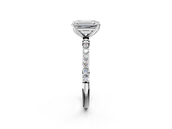 Silver 0.52 Carat D VVS2 Emerald Diamond Solitaire Engagement Ring with Round Pavé Band and Prong Setting