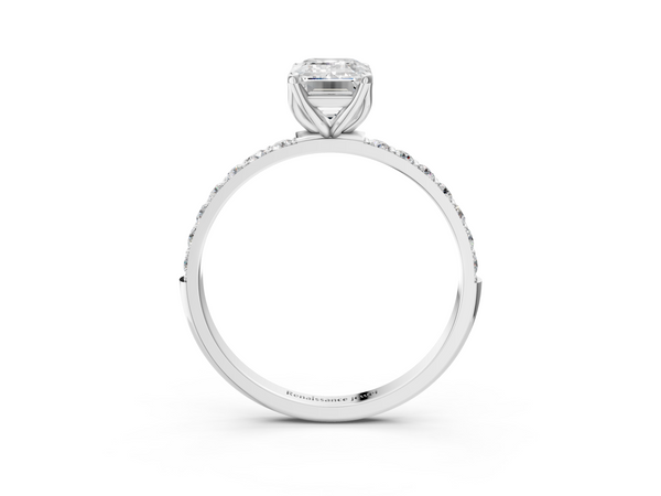 Silver 0.52 Carat D VVS2 Emerald Diamond Solitaire Engagement Ring with Round Pavé Band and Prong Setting
