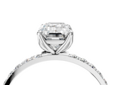 10K White Gold 0.91 Carat F VVS2 Emerald Diamond Solitaire Engagement Ring with Round Pavé Band and Prong Setting