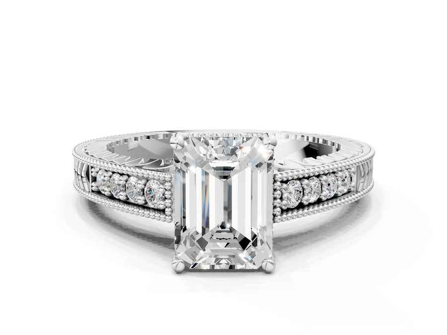 White gold Emerald Solitaire Pavé Diamond Milgrain Engagement Ring with Four-Prong Setting